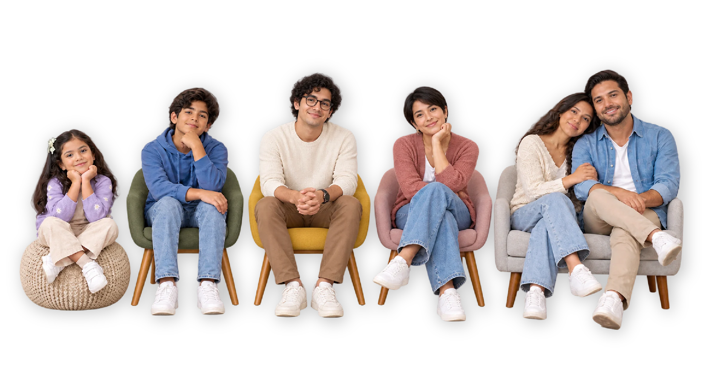 Niña, niño, joven, mujer y pareja sentados sonriendo